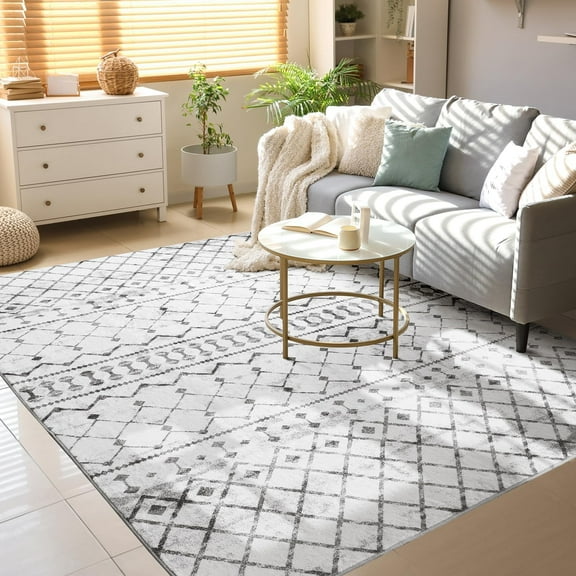 Reepow 5x7 Grey White Modern Machine Washable Neutral Geometric Super Soft Faux Wool Area Rugs for Living Dining Room Bedroom
