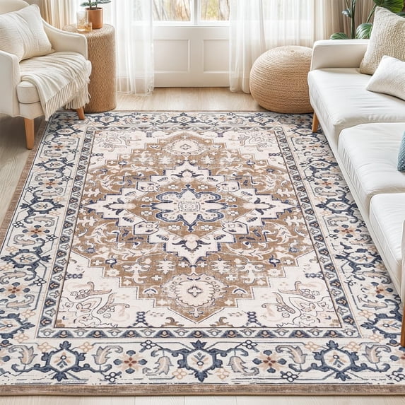 Reepow 6x9 Brown Beige Machine Washable Super Soft Faux-Wool Vintage Floral Boho Non-Slip Low Pile Area Rugs for Living Room Bedroom