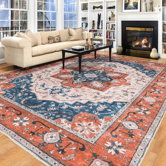 Reepow 8x10 Washable Vintage Boho Soft Non-Slip Low Pile Area Rug for Living Room Office Dining Room,Tangerine Blue