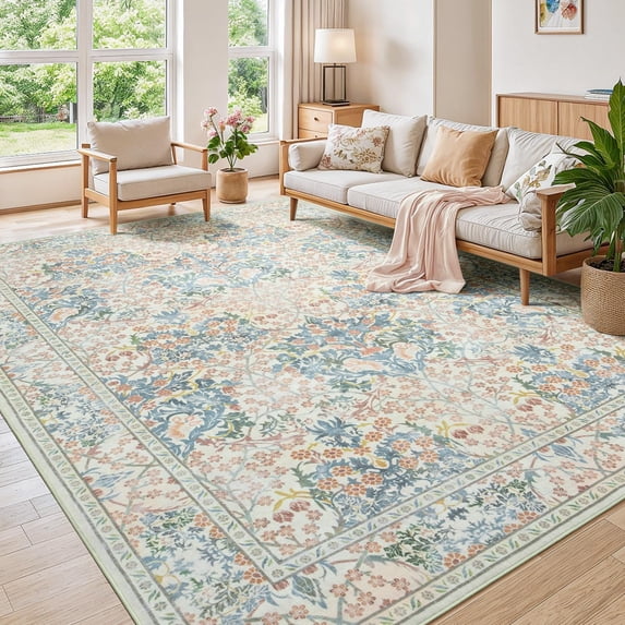 Reepow 8x10 Beige Brown Area Rugs for Living Room Washable Rugs Low Pile Non Slip Backing Retro Indoor Boho Carpet for Kitchen Dining Room Home Office