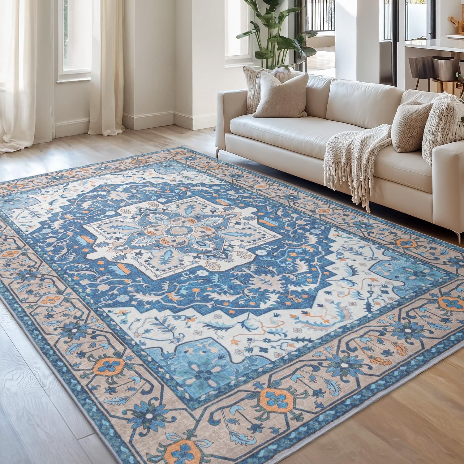 Reepow 8x10 Blue White Machine Washable Super Soft Faux-Wool Vintage Floral Boho Non-Slip Low Pile Area Rugs for Living Room Bedroom