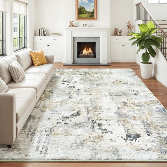 Reepow 8x10 Brown/Grey Modern Abstract Neutral Indoor Soft Machine Washable Non-Slip Low Pile Carpet Area Rugs for Living Room Dining Room Office