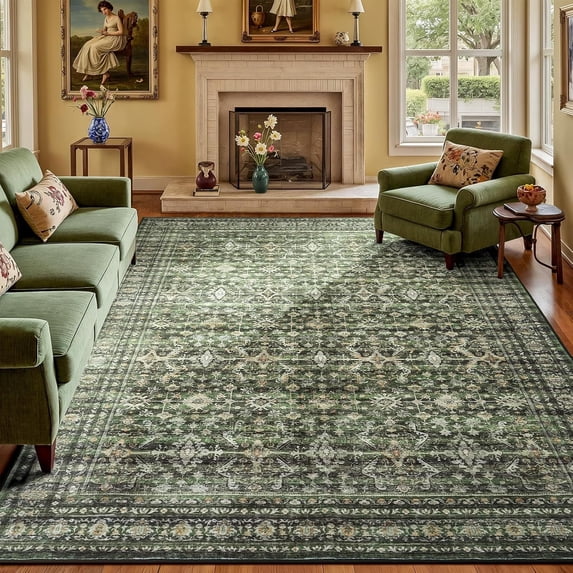 Reepow 8x10 Area Rugs for Living Room Washable Large Boho Green Carpet Vintage Floral Low Pile Indoor Soft Rugs for Bedroom Dining Room Home Office