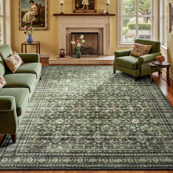 Reepow 8x10 Area Rugs for Living Room Washable Large Boho Green Carpet Vintage Floral Low Pile Indoor Soft Rugs for Bedroom Dining Room Home Office