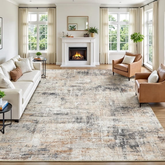 Reepow 8x10 Grey/Gold Abstract Neutral Machine Washable Non-Slip Backing Low Pile Area Rug for Living Room Bedroom Dining Room