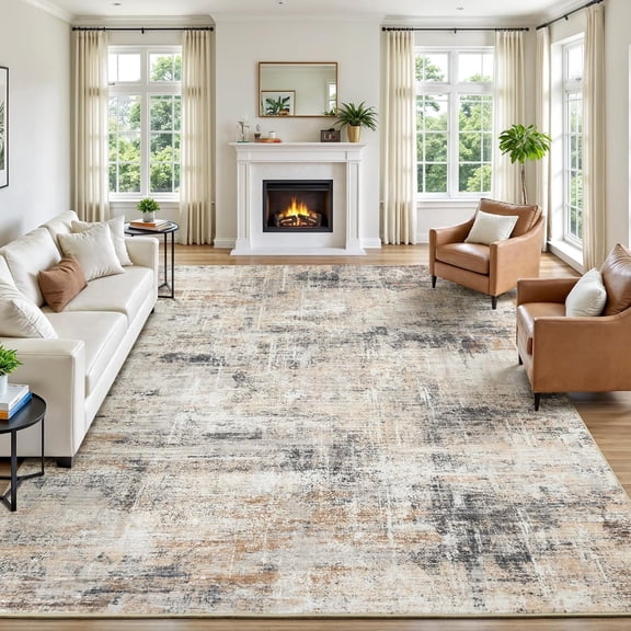 Reepow 8x10 Grey/Gold Abstract Neutral Machine Washable Non-Slip Backing Low Pile Area Rug for Living Room Bedroom Dining Room