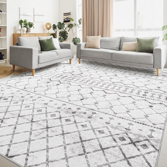 Reepow 8x10 Grey White Modern Machine Washable Neutral Geometric Super Soft Faux Wool Area Rugs for Living Dining Room Bedroom