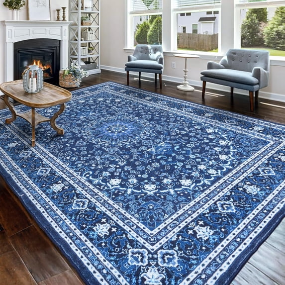 Reepow 9x12 Faux Wool Machine Washable Vintage Boho Floral Medallion Non-Slip Rubber Low Pile Large Area Rug for Living Room Bedroom Office,Blue White