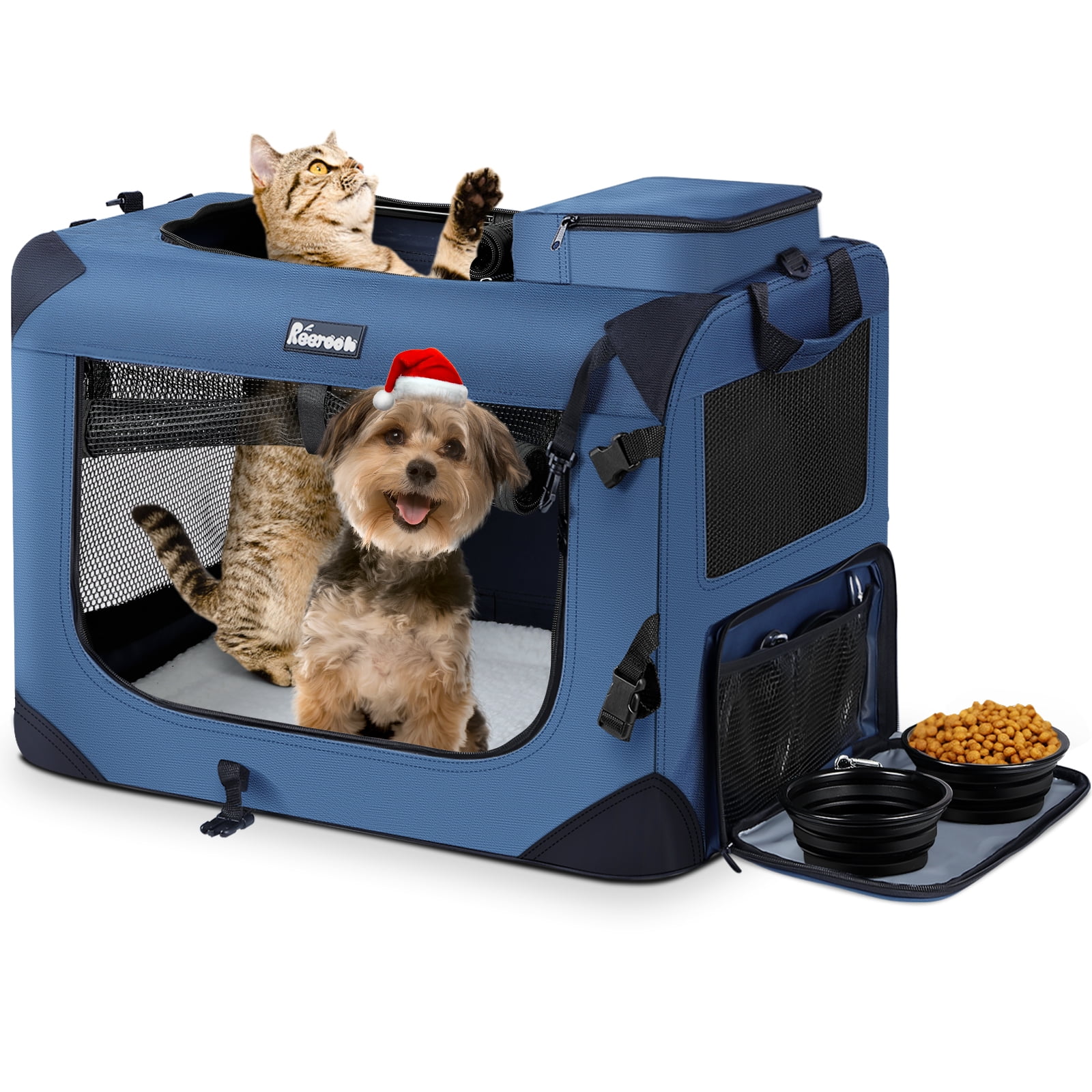 Reerooh Large Pet Carrier 24"x17"x17", Soft Dog Crate with 2 Bowls