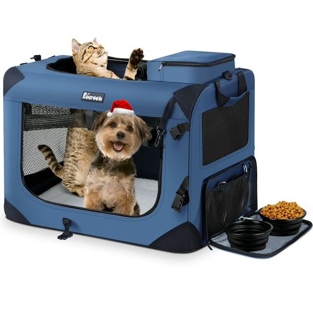 Reerooh Large Pet Carrier 24"x17"x17", Soft Dog Crate with 2 Bowls