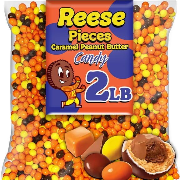 Reese Pieces Caramel Peanut Butter Candy, Bulk 2 Lbs, Caramel Flavored Milk Chocolate Peanut Butter Candies in Crunchy Shell, for Baking, Ice Cream Topping, Desserts, Snacking and More