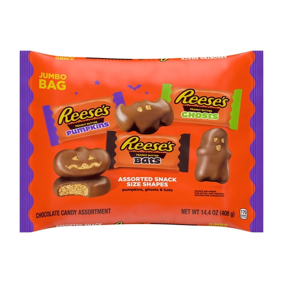 Reese's Assorted Milk Chocolate Snack Size Peanut Butter Shapes Halloween Candy, Jumbo Bag 14.4 oz (Pack of 4)