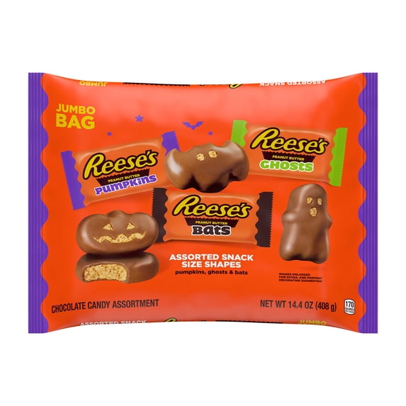 Reese's Assorted Milk Chocolate Snack Size Peanut Butter Shapes Halloween Candy, Jumbo Bag 14.4 oz (Pack of 6)