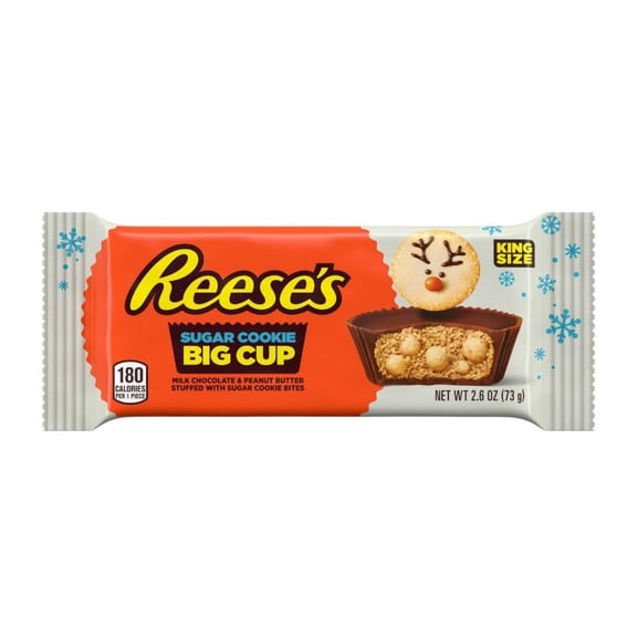 Reese's Big Cup Peanut Butter Cups Sugar Cookie Milk Chocolate King Size Christmas Candy 16 Count 2.6 Oz