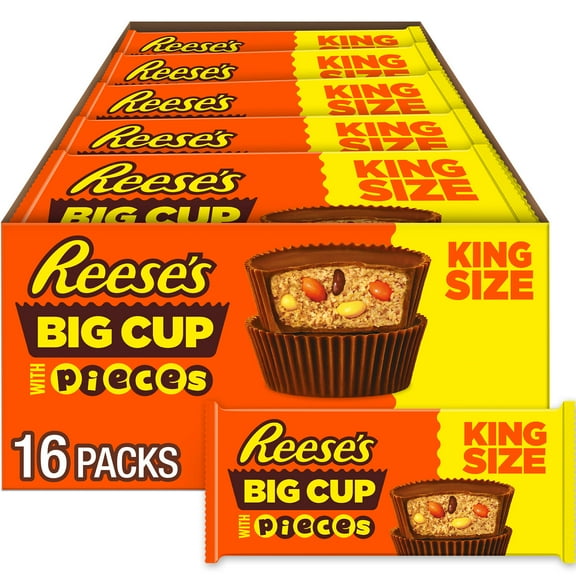 Reese's Big Cup Stuffed with REESE's PIECES Milk Chocolate King Size Peanut Butter Cups Candy, Packs 2.8 oz, 16 Count