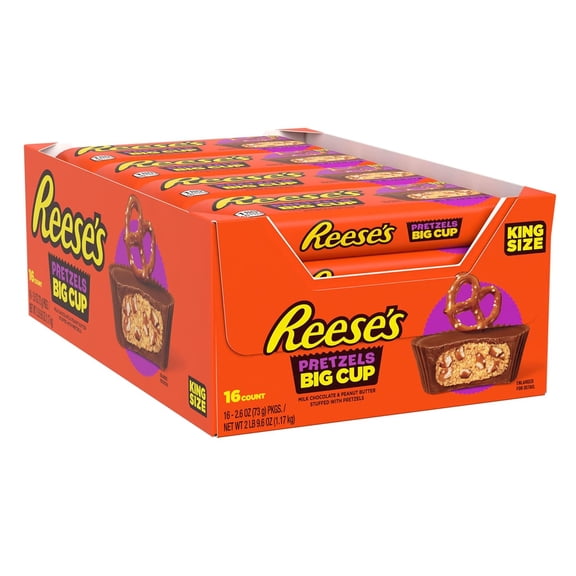 Reese's Big Cup with Pretzels Milk Chocolate King Size Peanut Butter Cups Candy, 16 Packs of 2 Cups