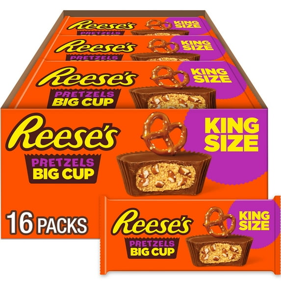 Reese's Big Cup with Pretzels Milk Chocolate King Size Peanut Butter Cups Candy, Packs 2.6 oz, 16 Count