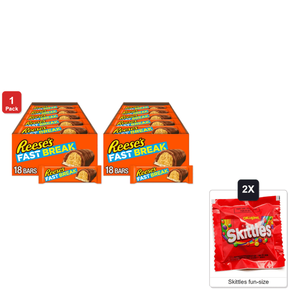 Reese's Fast Break Peanut Butter Nougat Candy Bars, 36 Bars x 1.8 oz Each, with 2 Skittles Fun Size