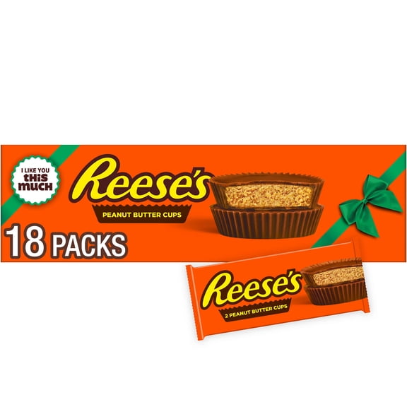 REESE'S Milk Chocolate Peanut Butter Cups, Christmas Candy Packs, 1.5 oz (18 Count)