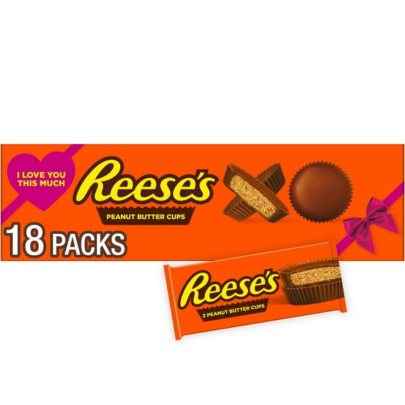 REESE'S Milk Chocolate Peanut Butter Cups, Valentine's Candy Packs, 1.5 oz (18 Count)