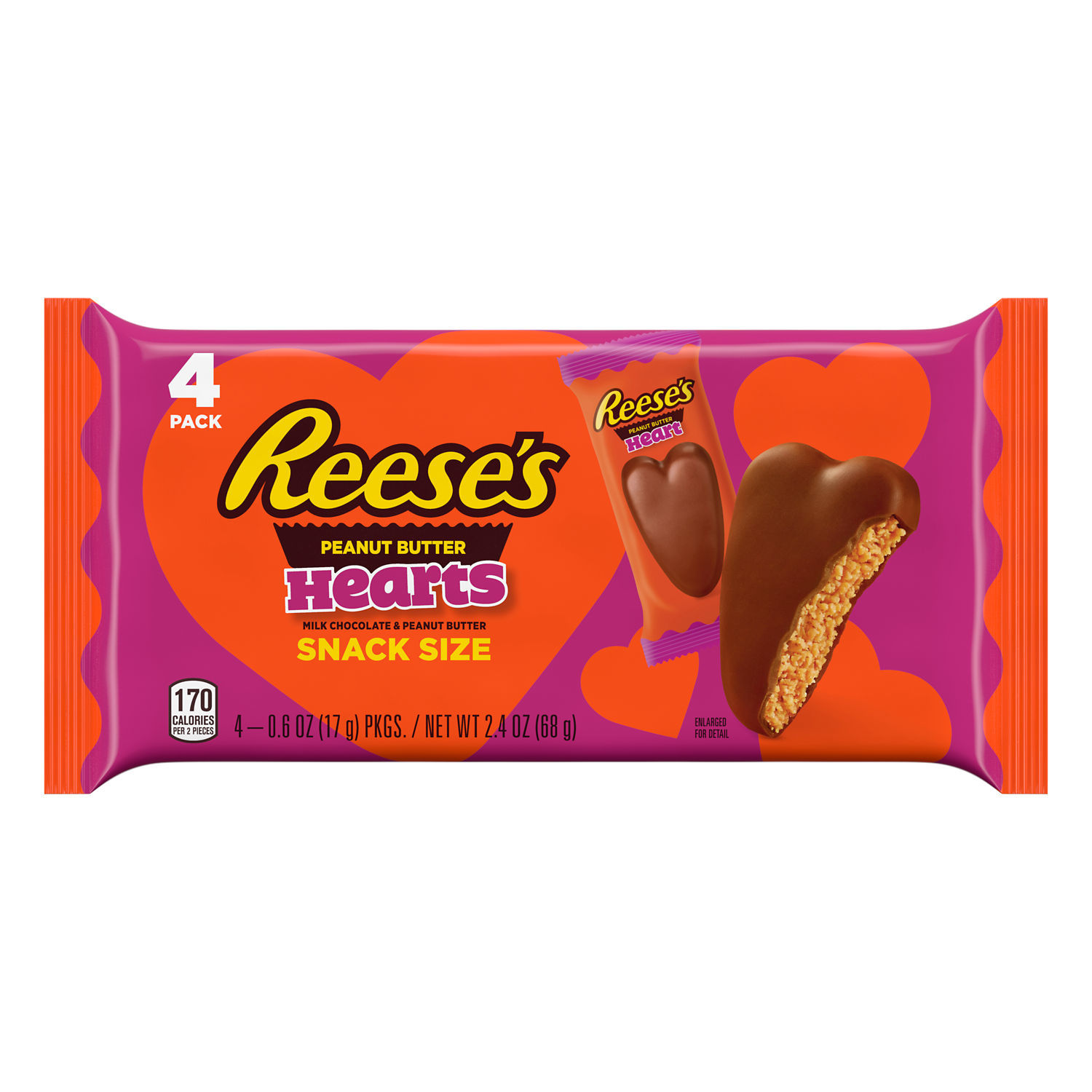 Reese's Milk Chocolate Peanut Butter Snack Size Hearts Valentine's Day Candy, Packs 0.6 oz, 4 Count - image 1 of 6