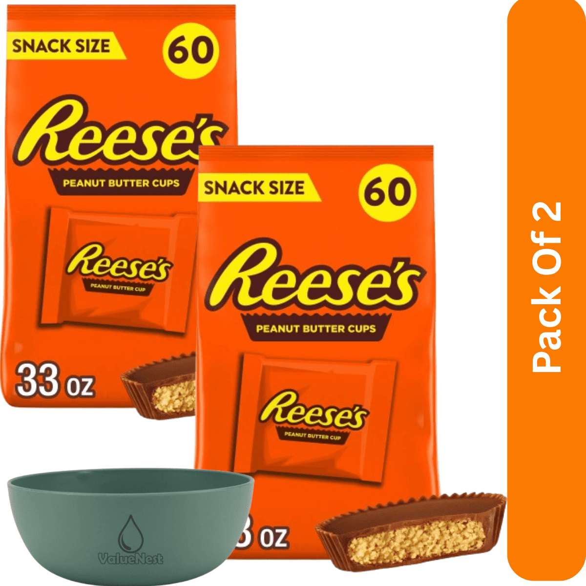 Reese's Milk Chocolate Snack Size Peanut Butter Cups 60 Pieces Candy, Bag 33 oz, With Olive Green Bowl By ValueNest