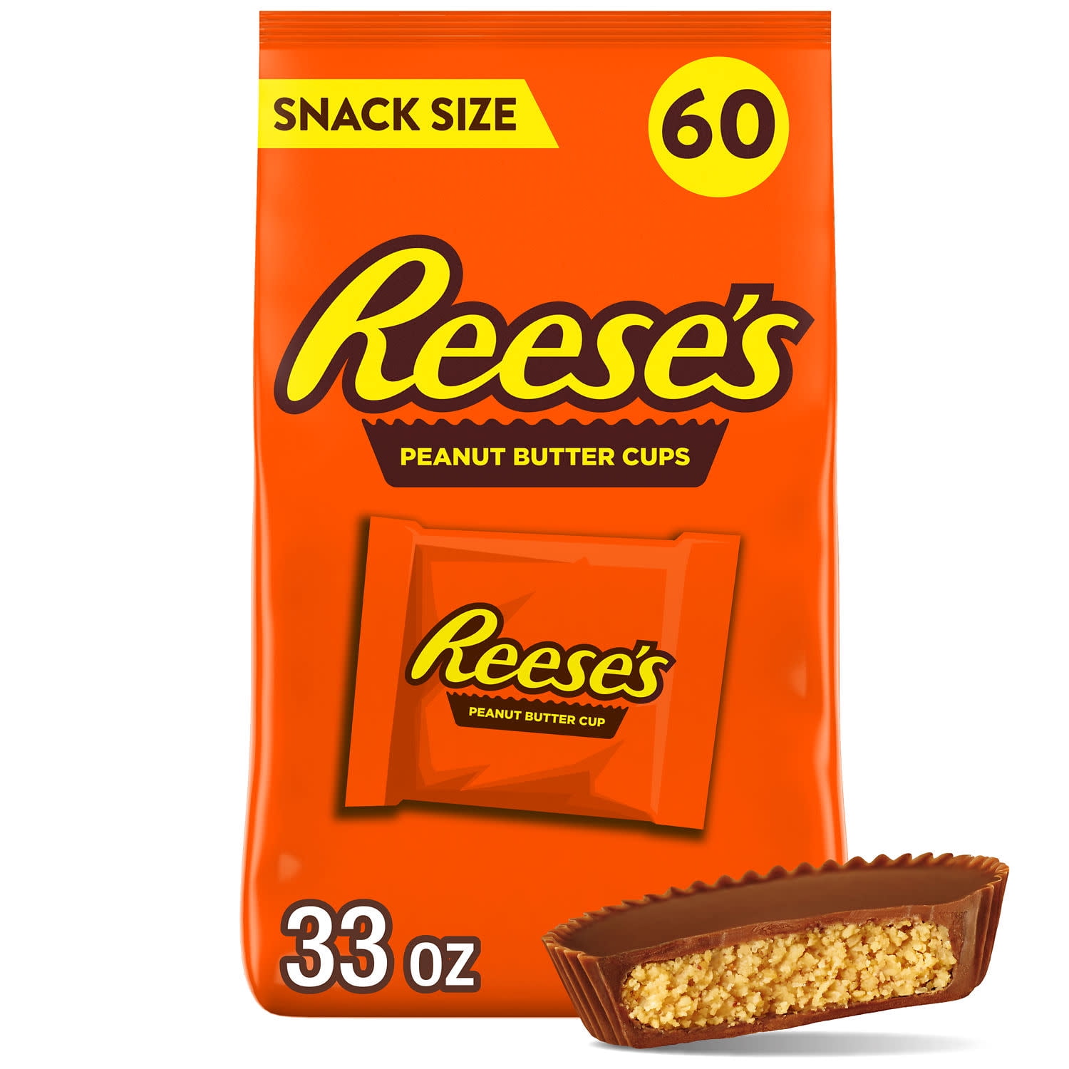 Reese's Milk Chocolate Snack Size Peanut Butter Cups Candy, Bag 33 oz, 60 Pieces