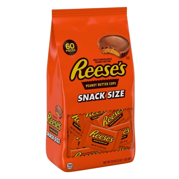 Reese's Milk Chocolate Snack Size Peanut Butter Cups Candy, Bag 33 oz, 60 Pieces