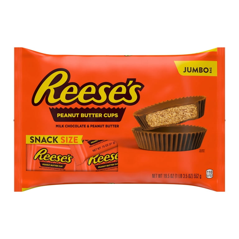 Snack Size Peanut Butter Cups, Jumbo Bag, 19.5 oz Bag, Ships in 1-3 Business Days Snack Size Peanut Butter Cups, Jumbo Bag, 19.5 oz Bag, Ships in 1-3 Business Days