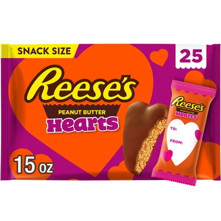 REESE'S Milk Chocolate Snack Size Peanut Butter Hearts, Kids Valentine's Day Candy Classroom Bag, 15 oz (25 Pieces)