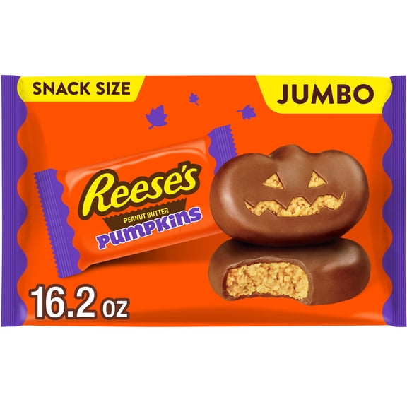 REESE'S Milk Chocolate Snack Size Peanut Butter Pumpkins, Halloween Candy Jumbo Bag, 16.2 oz