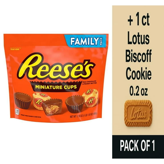Reese's Miniatures Milk Chocolate Peanut Butter Cups Candy - Family Pack - 17.6 oz - Pack of 1 & Lotus Biscoff Cookie - 0.2 Oz - 1 ct