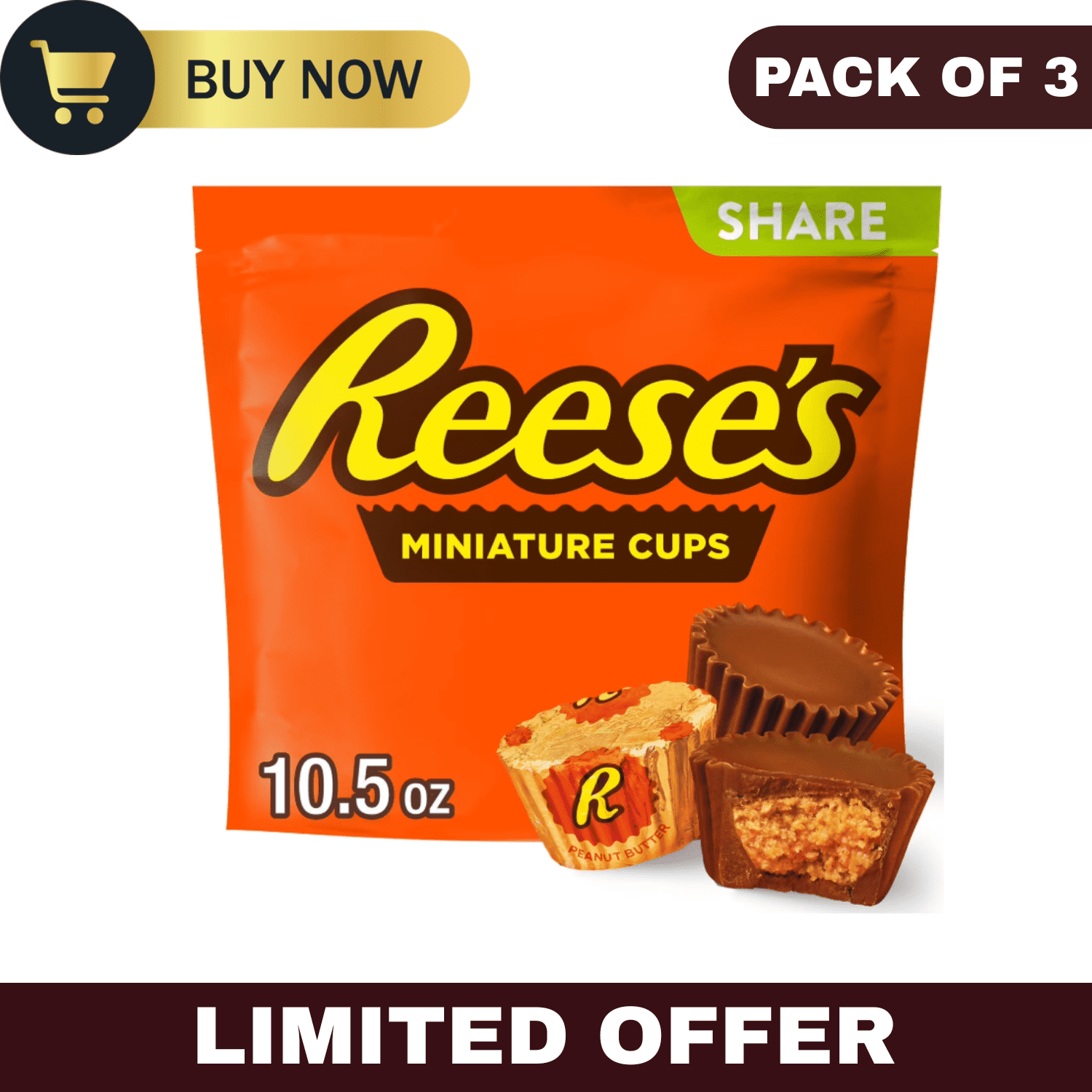 Reese’s Miniatures Milk Chocolate Peanut Butter Cups Candy, Share Pack, 10.5 oz – Pack of 3