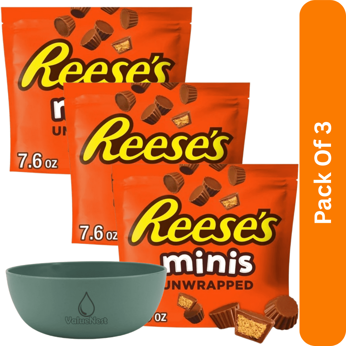 Reese's Minis Milk Chocolate Unwrapped  Bag 7.6 oz Peanut Butter Cups Candy, With Olive Green Bowl By ValueNest