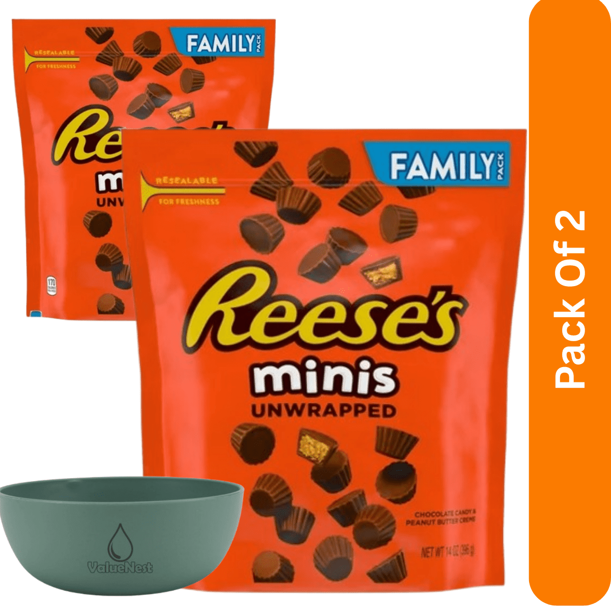 Reese's Minis Unwrapped Chocolate Peanut Butter Creme Cups  Family Pack 14 oz Candy, With Olive Green Bowl By ValueNest