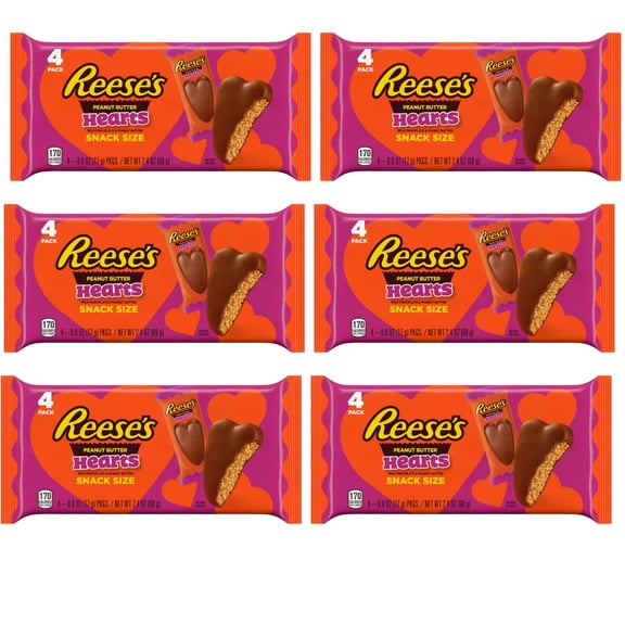 Reese's Peanut Butter Hearts Milk Chocolate Candy Valentine Heart Shaped Snacks for Snacking Classroom Exchange Gift Valentine's Day Easter Basket Stuffer and Birthday Party Favor 4ct each Pack of 6