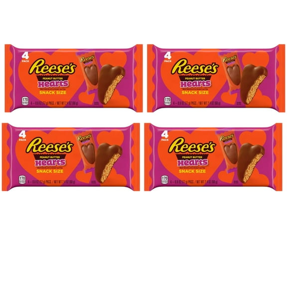 Reese's Peanut Butter Hearts Milk Chocolate Candy Valentine Heart Shaped Snacks for Snacking Classroom Exchange Gift Valentine's Day Easter Basket Stuffer and Birthday Party Favor 4ct each Pack of 4