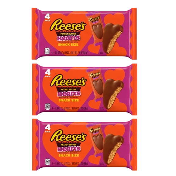 Reese's Peanut Butter Hearts Milk Chocolate Candy Valentine Heart Shaped Snacks for Snacking Classroom Exchange Gift Valentine's Day Easter Basket Stuffer and Birthday Party Favor 4ct each Pack of 3