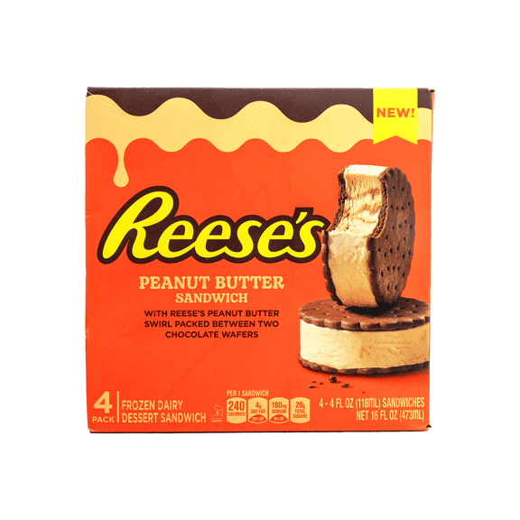 Reese's, Peanut Butter Ice Cream Sandwich, Smooth, Allergen Milk, 4 oz, 4 Count, Cardboard Box, New
