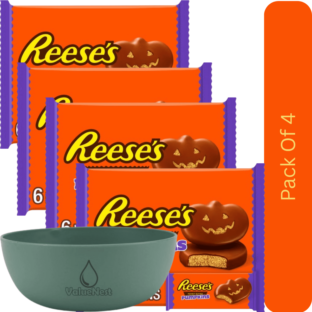 Reese’s Peanut Butter Pumpkins in Milk Chocolate, Halloween Edition Candy, 6 Pack, 1.2 oz Each with olive green bowl by ValueNest