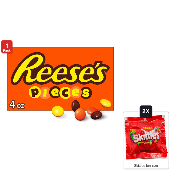 Reese's Pieces Peanut Butter In A Crunchy Shell, Candy Box, 4 oz, with 2 Skittles Fun Size