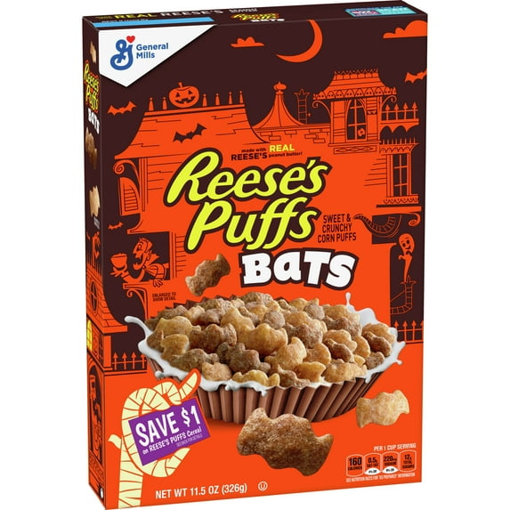 Reese's Puffs Bats, Chocolatey Peanut Butter Breakfast Cereal, Halloween Edition, 11.5 oz