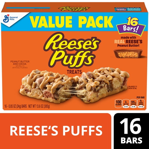 REESE'S Puffs Cereal Treat Bars, Peanut Butter and Cocoa, Value Pack, 16 Count, 13.6 oz