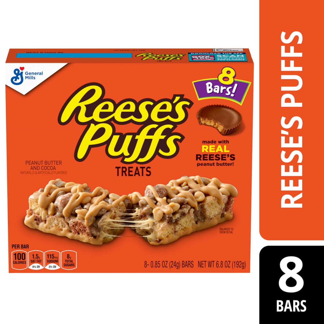 REESE'S Puffs Cereal Treat Bars, Peanut Butter and Cocoa, Snack Bars, 8 Ct, 6.8 oz
