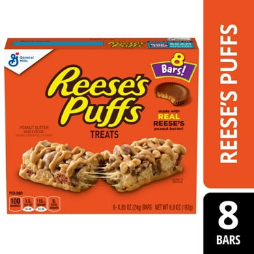 REESE'S Puffs Cereal Treat Bars, Peanut Butter and Cocoa, Snack Bars, 8 Ct, 6.8 oz