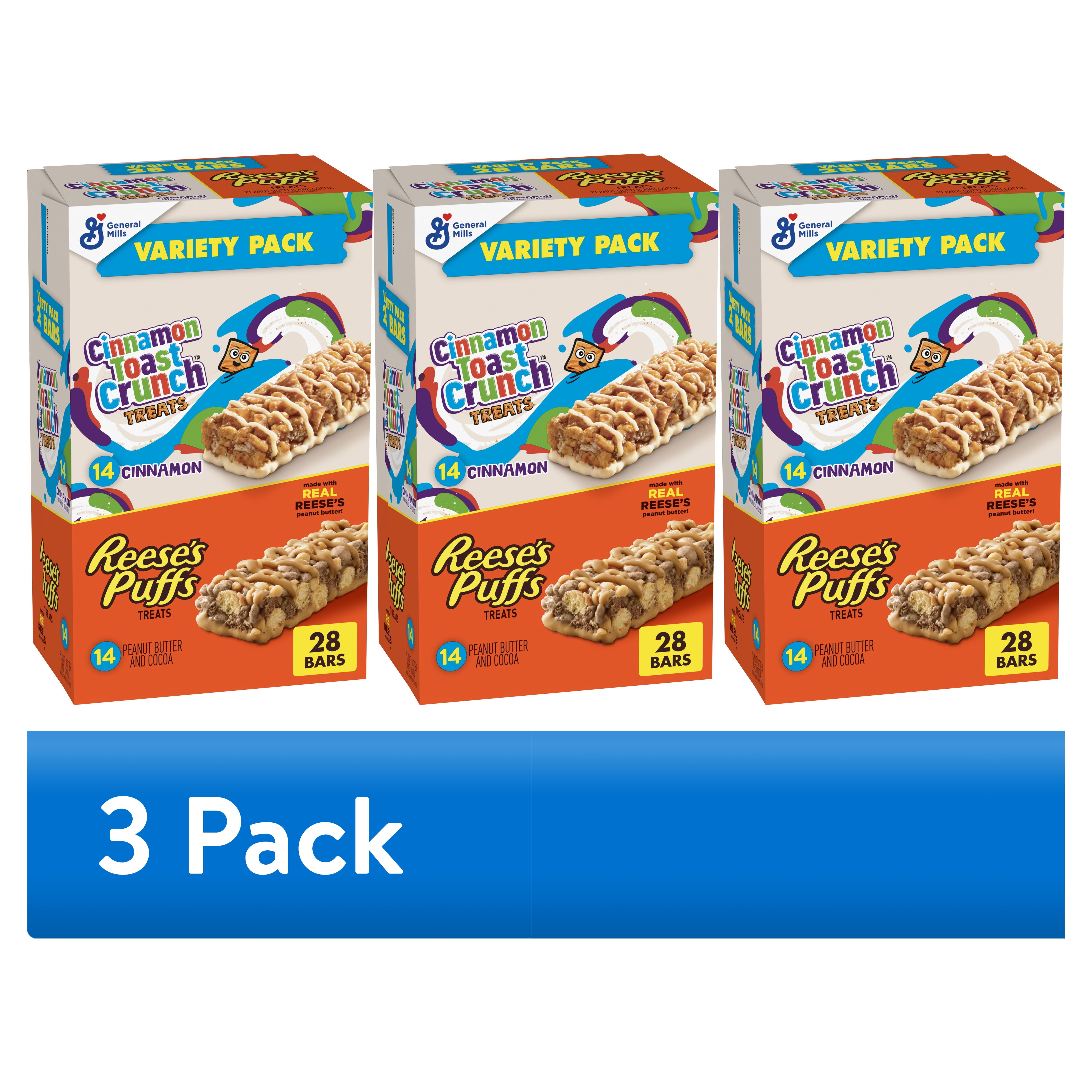 (3 pack) Reese's Puffs Cinnamon Toast Crunch Cereal Treat Bars Variety Pack, 28 ct