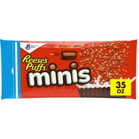 Reese's Puffs Minis Breakfast Cereal, Chocolate Peanut Butter Cereal, Family Size, 35 OZ Bag Cereal