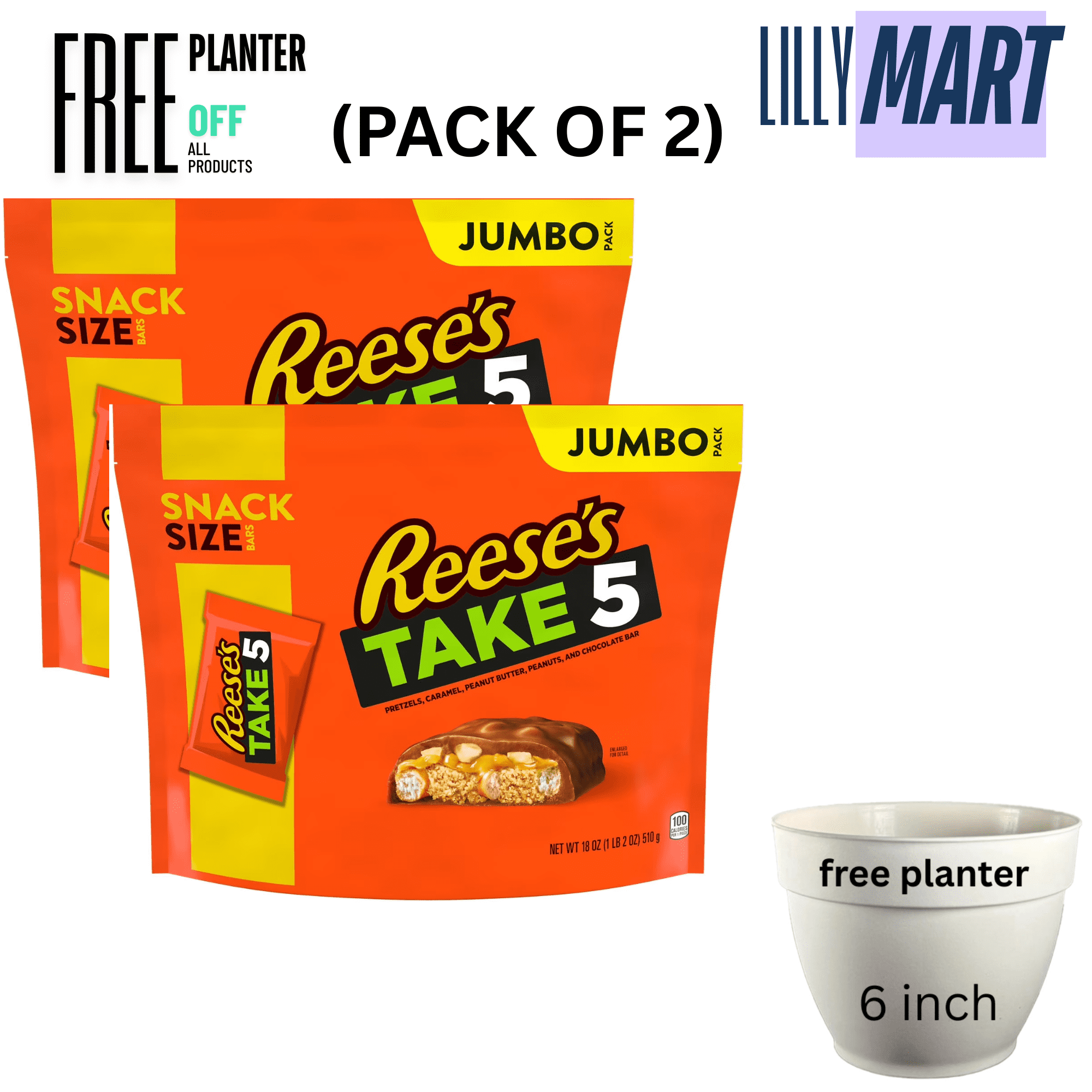 Reese's Take 5 Pretzel, Peanut and Chocolate Snack Size Candy, Jumbo Pack 18 oz (pack of 2)