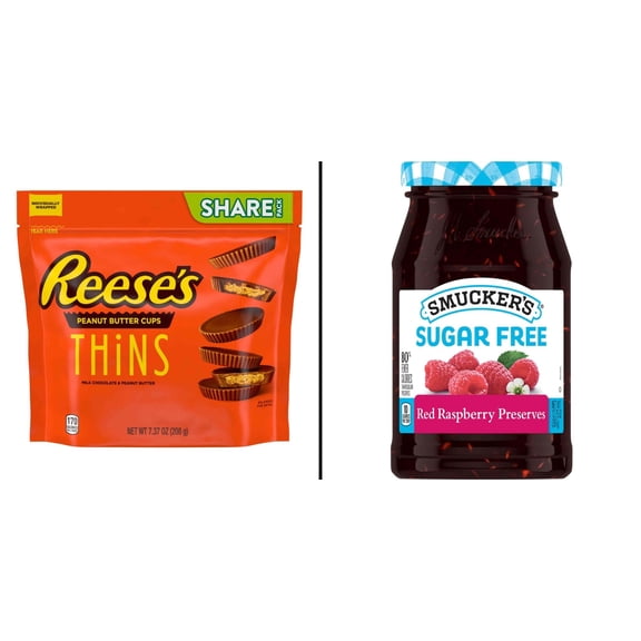 Reese's Thins Milk Chocolate Peanut Butter Cups Candy & Smucker's Sugar Free Red Raspberry 12.75 oz