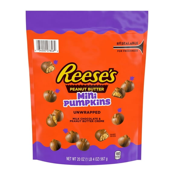 Reese's Unwrapped Milk Chocolate Peanut Butter Creme Mini Pumpkins, Halloween Candy Bag, 20 oz.